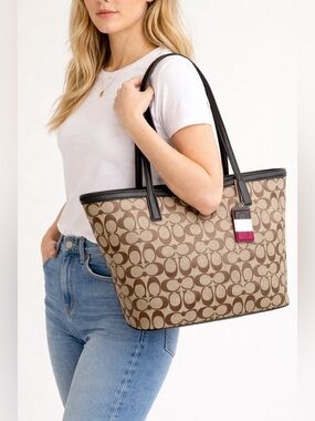 Coach Signature Canvas Work Tote Brown Leather Trim Zip Laptop Bag